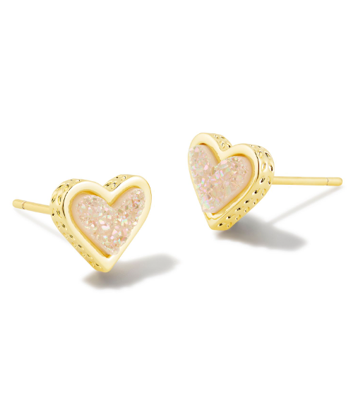 Yellow Gold Plated Framed Ari Heart Stud Earrings with Iridescent Drusy by Kendra Scott