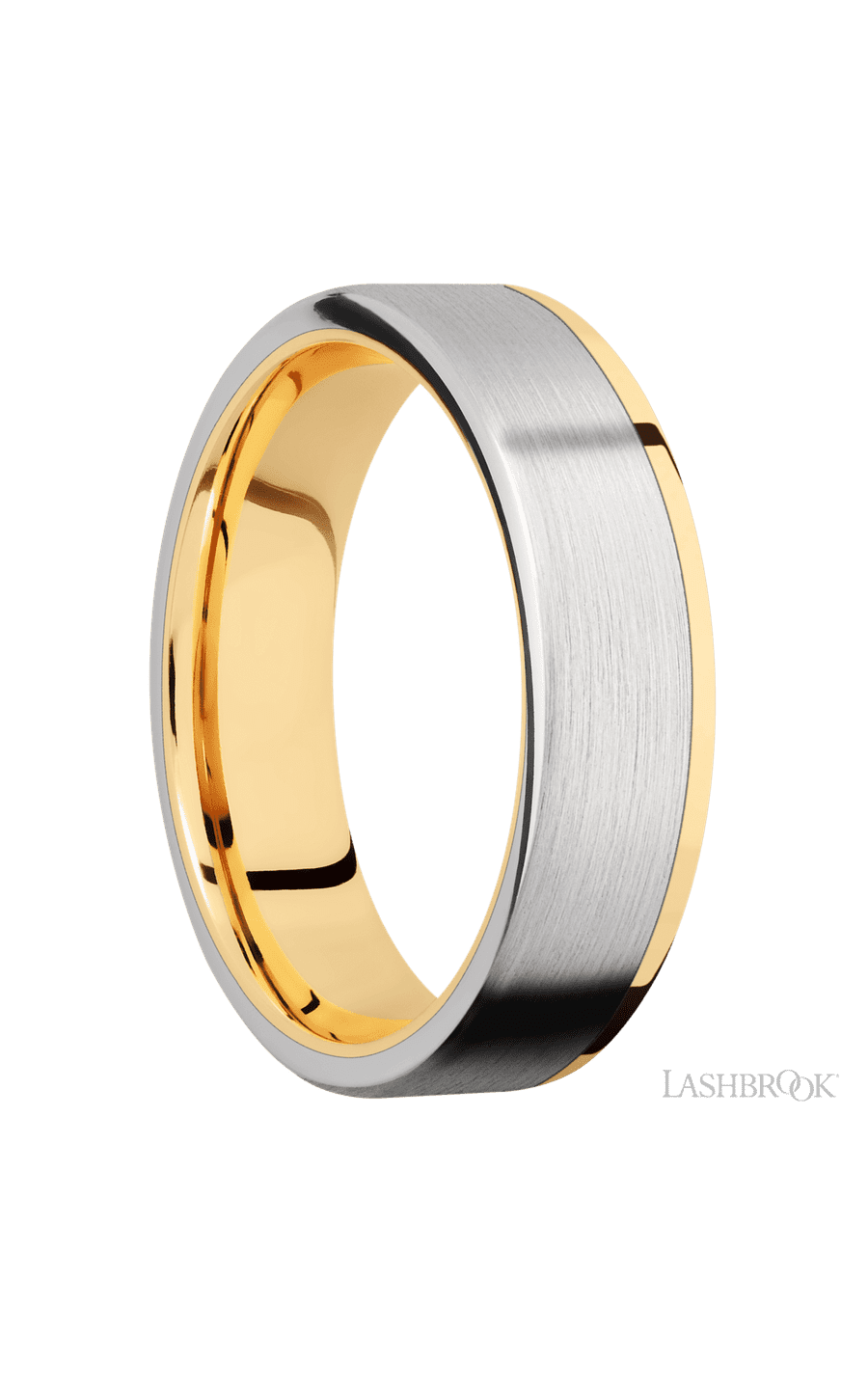 6 mm wide/Flat/14K Yellow Gold band with one 5 mm Off Center Edge inlay of Cobalt Chrome.