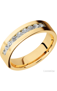 6 mm wide/Flat/14K Yellow Gold band with an  arrangement of 9, .07 carat Round Diamond stones in a Channel setting.