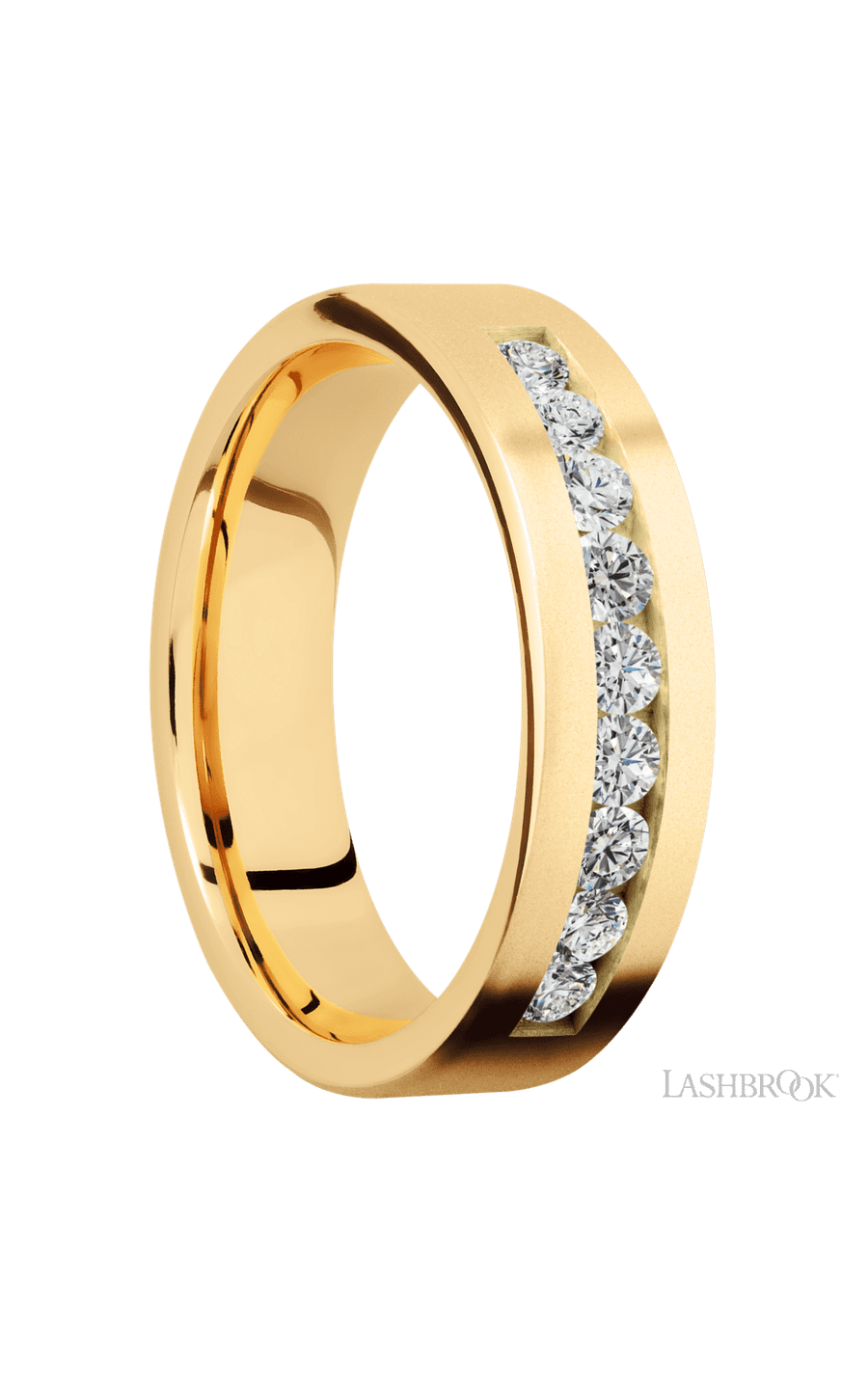 6 mm wide/Flat/14K Yellow Gold band with an  arrangement of 9, .07 carat Round Diamond stones in a Channel setting.