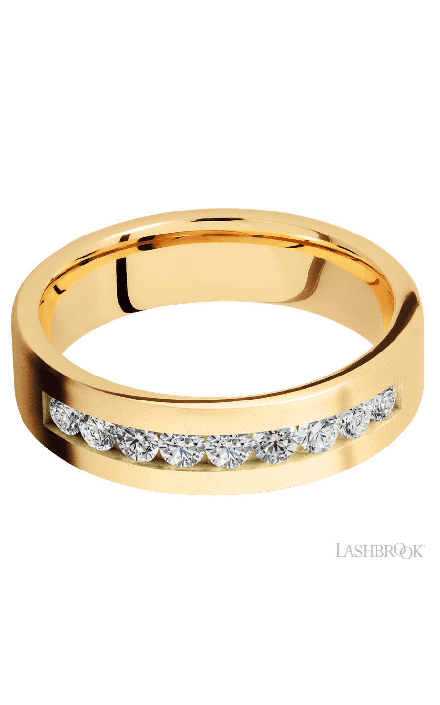 6 mm wide/Flat/14K Yellow Gold band with an  arrangement of 9, .07 carat Round Diamond stones in a Channel setting.