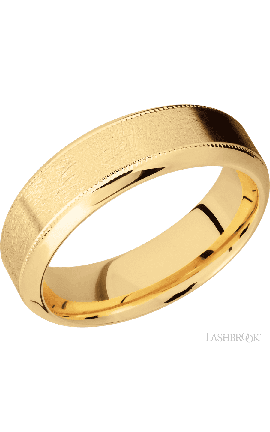 7 mm wide High Bevel Milgrain 14K Yellow Gold band.