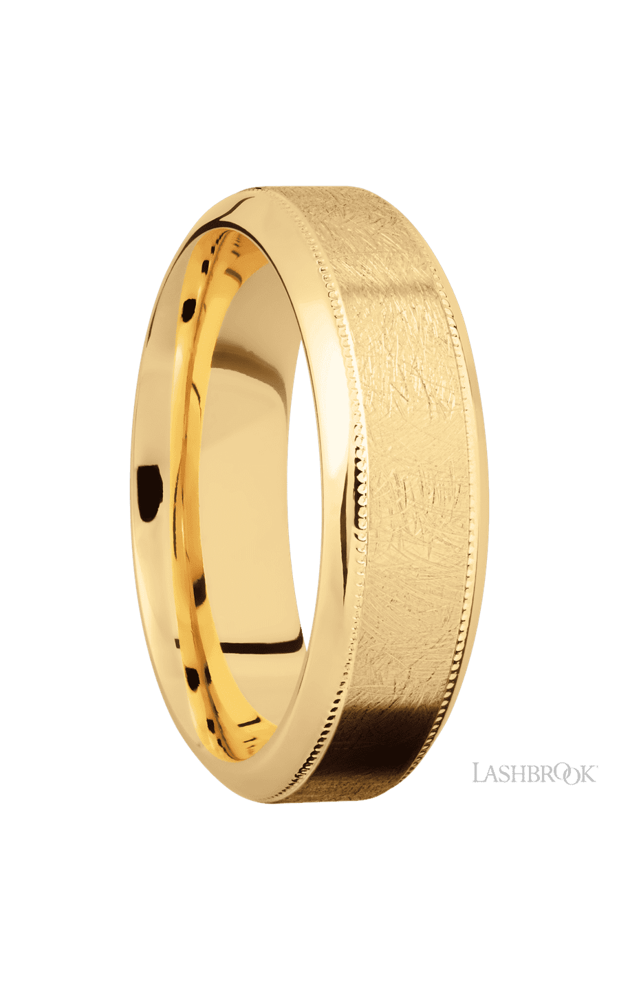 7 mm wide High Bevel Milgrain 14K Yellow Gold band.