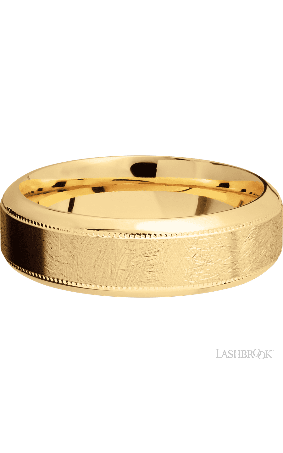 7 mm wide High Bevel Milgrain 14K Yellow Gold band.
