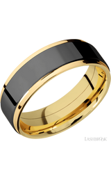 7 mm wide/Flat Grooved Edges/14K Yellow Gold band with one 5 mm Raised Centered inlay of Zirconium.