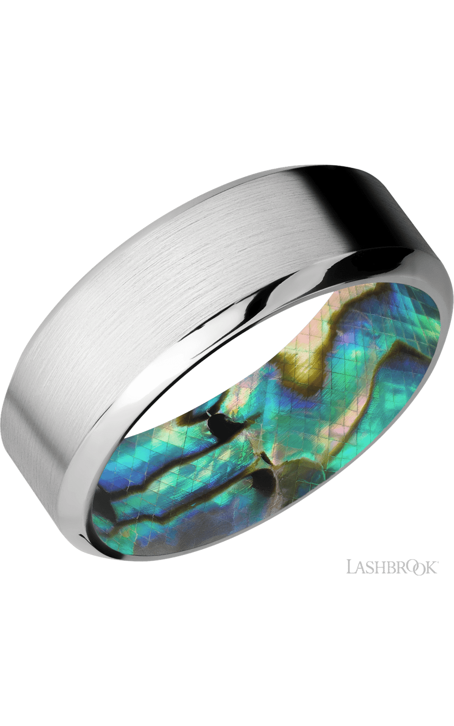 8 mm wide High Bevel Cobalt Chrome band featuring a Abalone sleeve.