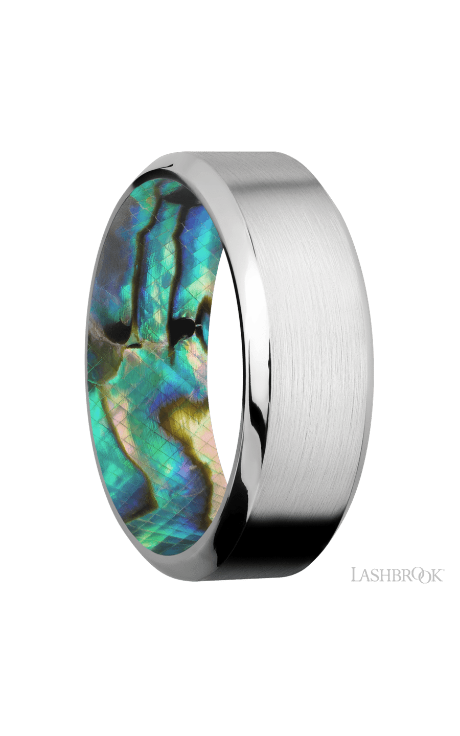 8 mm wide High Bevel Cobalt Chrome band featuring a Abalone sleeve.