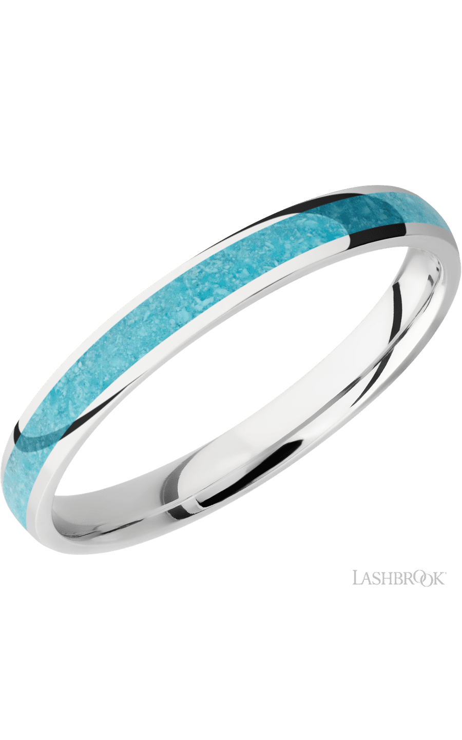 3 mm wide/Domed/Cobalt Chrome band with one 2 mm Centered inlay of Turquoise.