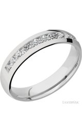 5 mm wide/Domed/Cobalt Chrome band with a Half Eternity arrangement of .07 carat Round Diamond stones in a Channel setting.