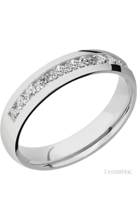 5 mm wide/Domed/Cobalt Chrome band with a Half Eternity arrangement of .07 carat Round Diamond stones in a Channel setting.