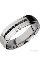 6 mm wide/Flat Grooved Edges/Cobalt Chrome band with an  arrangement of 9, .03 carat Round Black Diamond stones in a Channel setting.