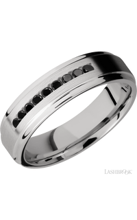 6 mm wide/Flat Grooved Edges/Cobalt Chrome band with an  arrangement of 9, .03 carat Round Black Diamond stones in a Channel setting.