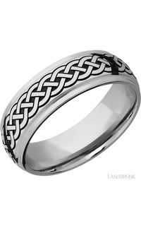 7 mm wide/Domed Stepped Down Edges/Cobalt Chrome band with a laser carved Celtic 9 pattern.