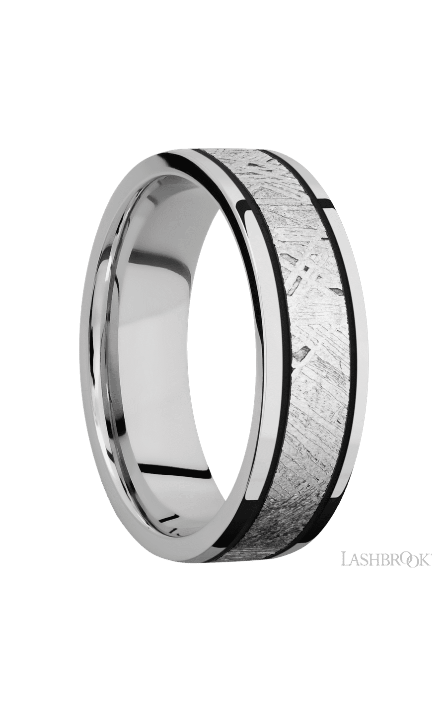 7 mm wide/Flat/Cobalt Chrome band with one 4 mm Centered inlay of Meteorite.