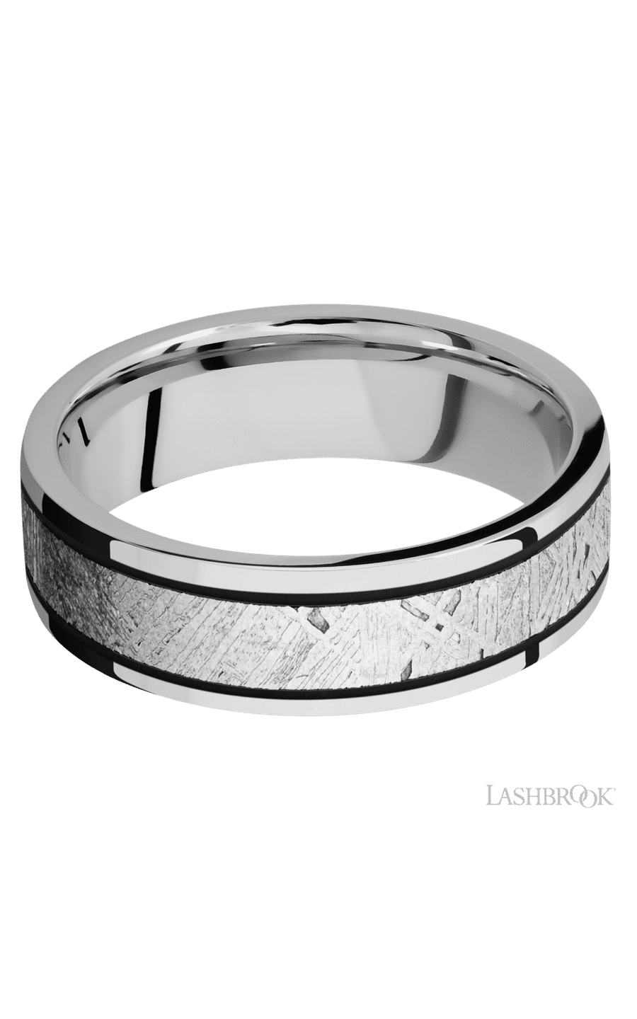 7 mm wide/Flat/Cobalt Chrome band with one 4 mm Centered inlay of Meteorite.