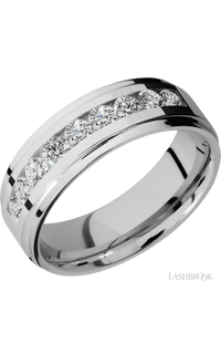 7 mm wide/Flat Grooved Edges/Cobalt Chrome band with an  arrangement of 9, .1 carat Round Diamond stones in a Channel setting.