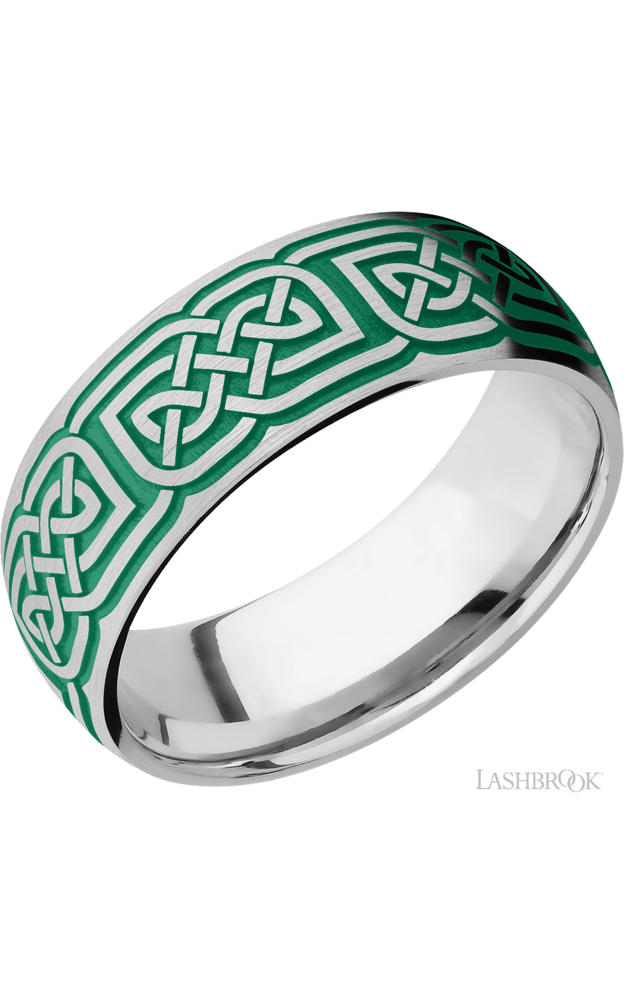 8 mm wide/Domed/Cobalt Chrome band with a laser carved Celtic 17 pattern.