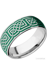 8 mm wide/Domed/Cobalt Chrome band with a laser carved Celtic 17 pattern.