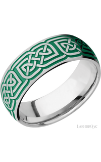 8 mm wide/Domed/Cobalt Chrome band with a laser carved Celtic 17 pattern.