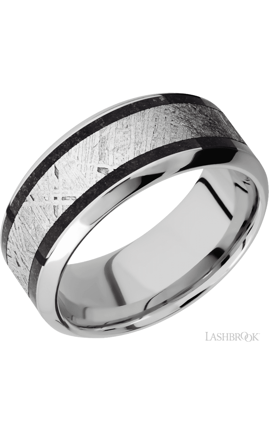 9 mm wide/High Bevel/Cobalt Chrome band featuring inlays of Dinosaur Bone Black and Meteorite.