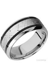 9 mm wide/High Bevel/Cobalt Chrome band featuring inlays of Dinosaur Bone Black and Meteorite.