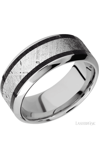 9 mm wide/High Bevel/Cobalt Chrome band featuring inlays of Dinosaur Bone Black and Meteorite.