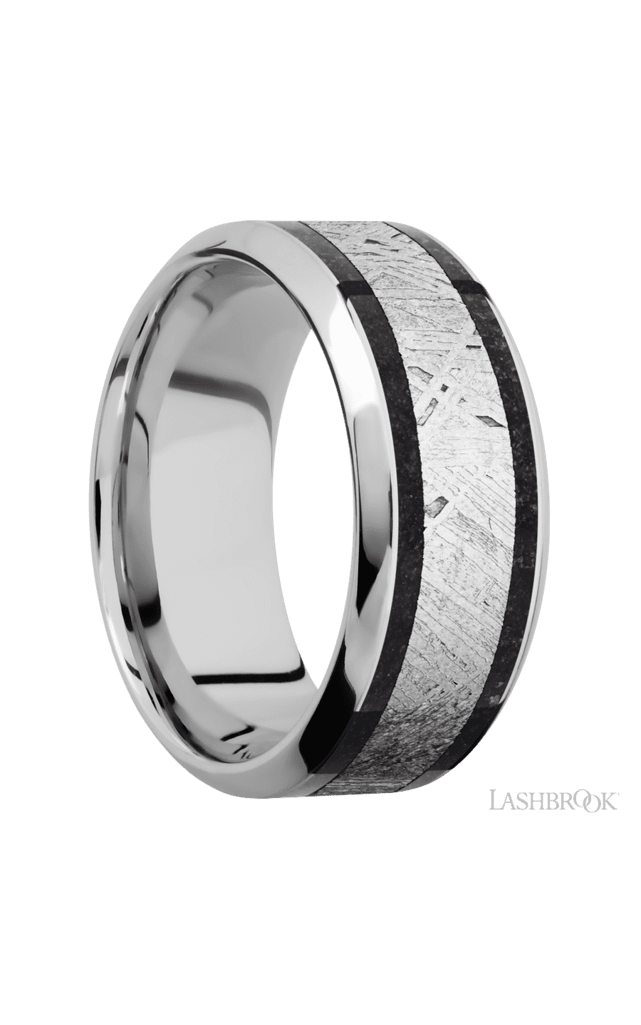 9 mm wide/High Bevel/Cobalt Chrome band featuring inlays of Dinosaur Bone Black and Meteorite.