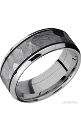 8 mm wide/Beveled/Cobalt Chrome band with one 5 mm Centered inlay of Tantalum.