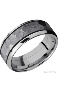 8 mm wide/Beveled/Cobalt Chrome band with one 5 mm Centered inlay of Tantalum.