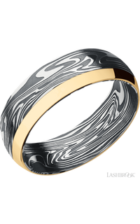 7 mm wide/Domed/Kinetic band with one 2 mm Off Center Edge inlay of 14K Yellow Gold.