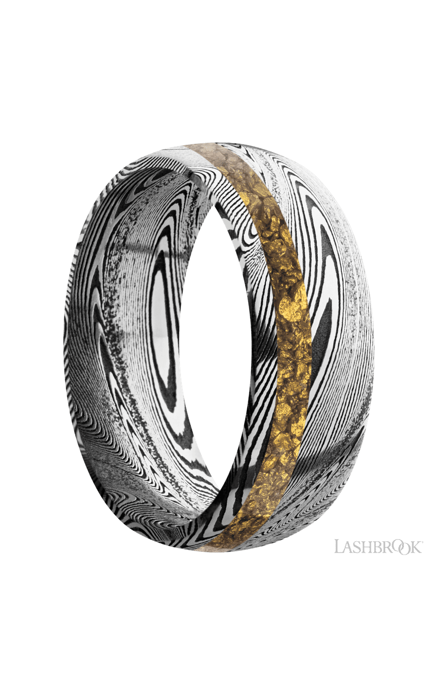 8 mm wide/Domed/Tightweave band with one 2 mm Off Center inlay of Alaskan Gold Nugget.