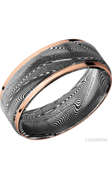 8 mm wide/Flat Grooved Edges/Tightweave band with two 1 mm Edge inlays of 14K Rose Gold.