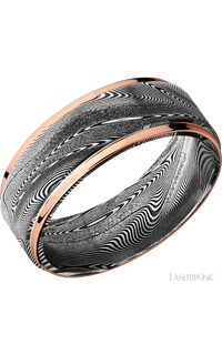 8 mm wide/Flat Grooved Edges/Tightweave band with two 1 mm Edge inlays of 14K Rose Gold.