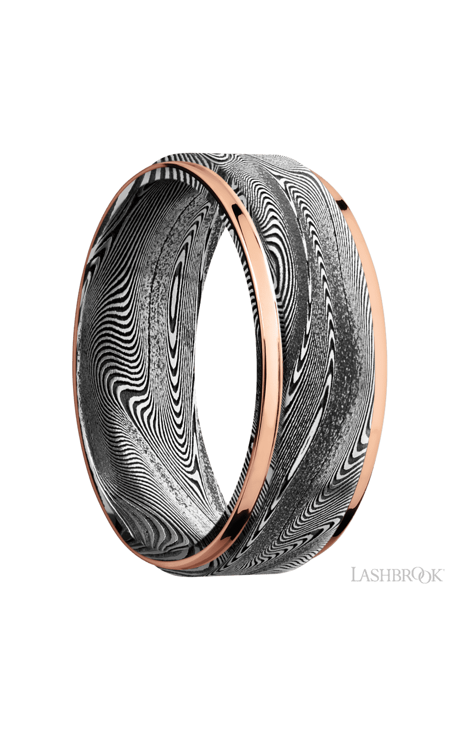 8 mm wide/Flat Grooved Edges/Tightweave band with two 1 mm Edge inlays of 14K Rose Gold.