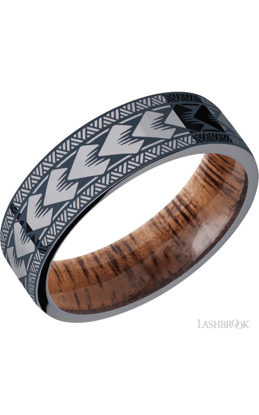 7 mm wide/Flat/Tantalum band with a laser carved Maori pattern also featuring a Koa sleeve.