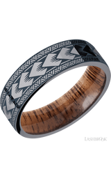 7 mm wide/Flat/Tantalum band with a laser carved Maori pattern also featuring a Koa sleeve.