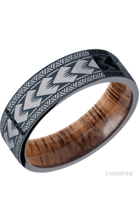 7 mm wide/Flat/Tantalum band with a laser carved Maori pattern also featuring a Koa sleeve.