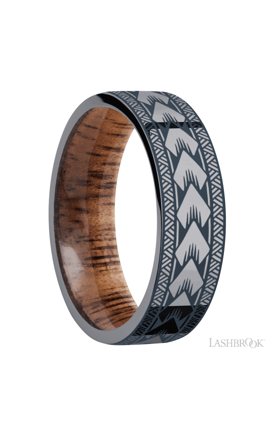 7 mm wide/Flat/Tantalum band with a laser carved Maori pattern also featuring a Koa sleeve.