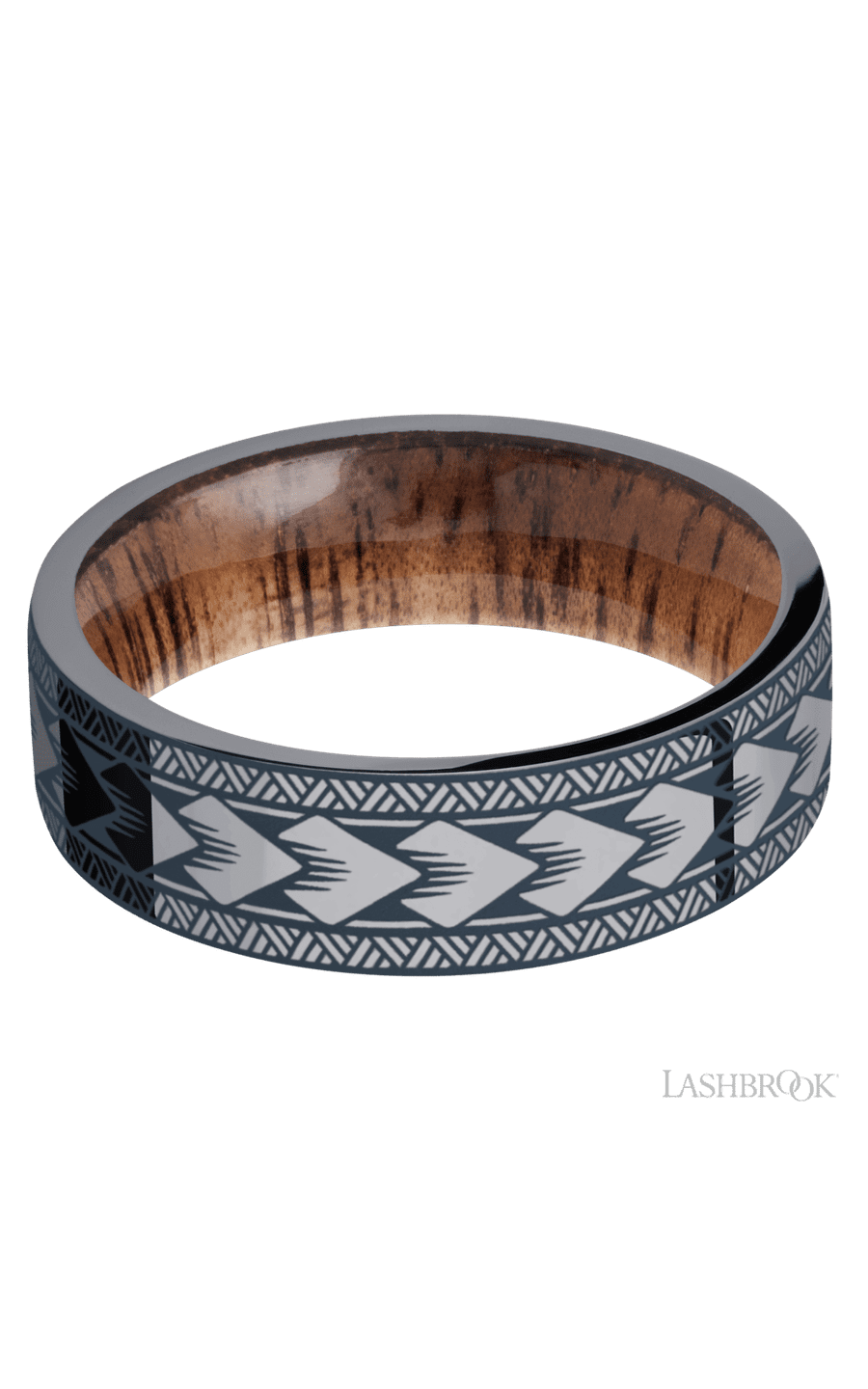 7 mm wide/Flat/Tantalum band with a laser carved Maori pattern also featuring a Koa sleeve.