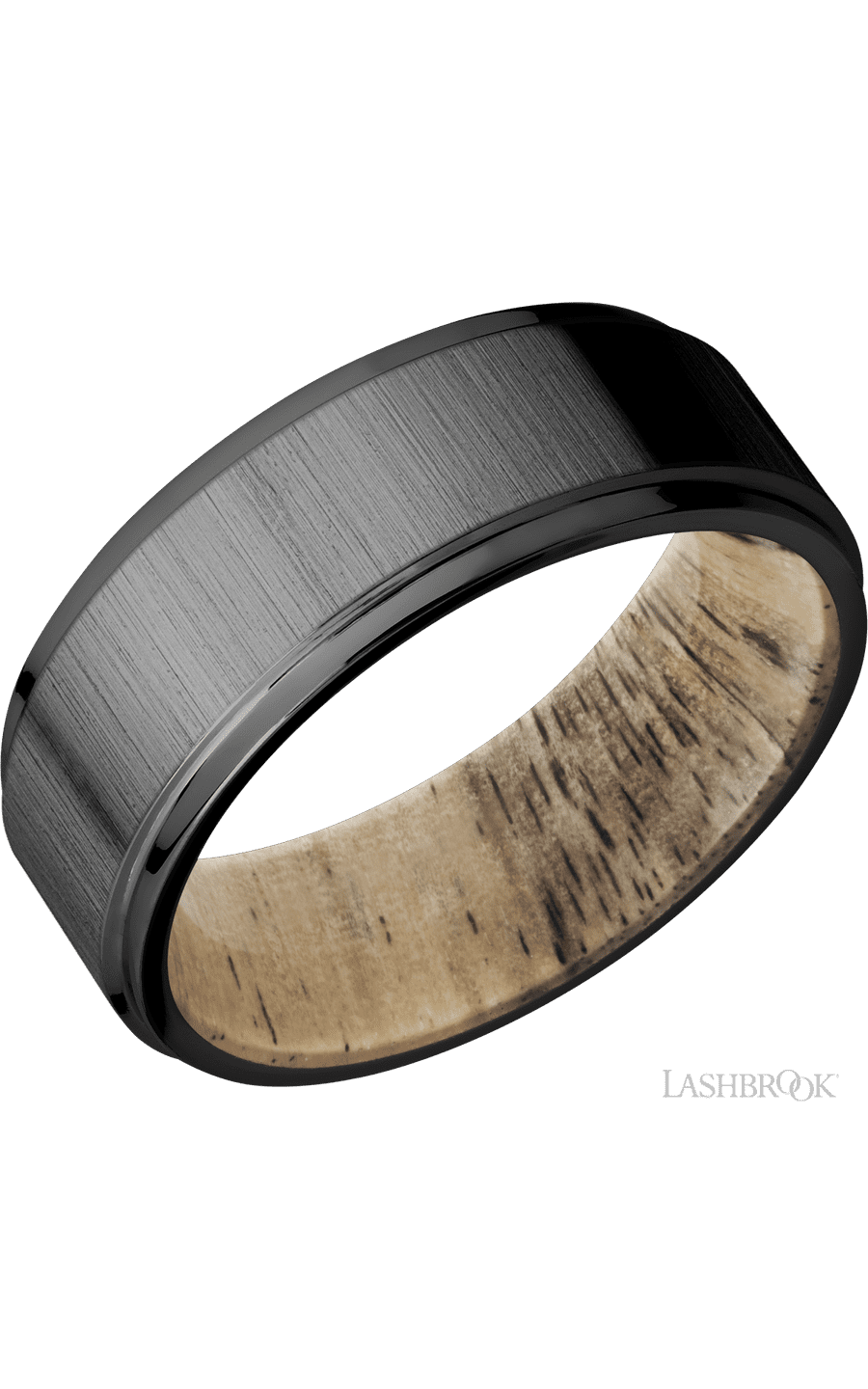 8 mm wide Flat Grooved Edges Zirconium band featuring a Spalted Tamarind sleeve.