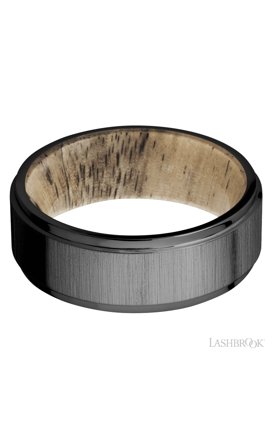 8 mm wide Flat Grooved Edges Zirconium band featuring a Spalted Tamarind sleeve.