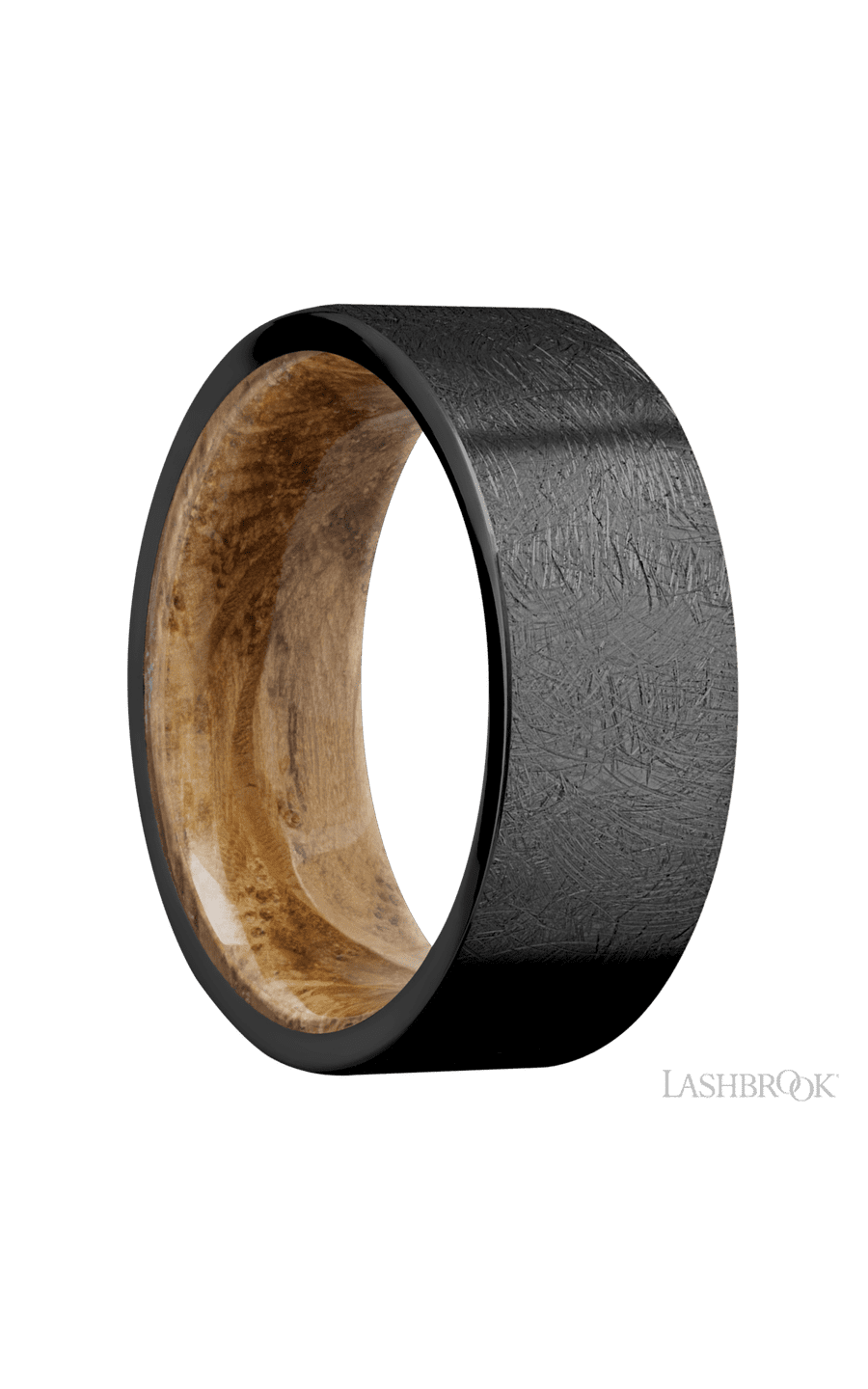 8 mm wide Flat Zirconium band featuring a Whiskey Barrel sleeve.