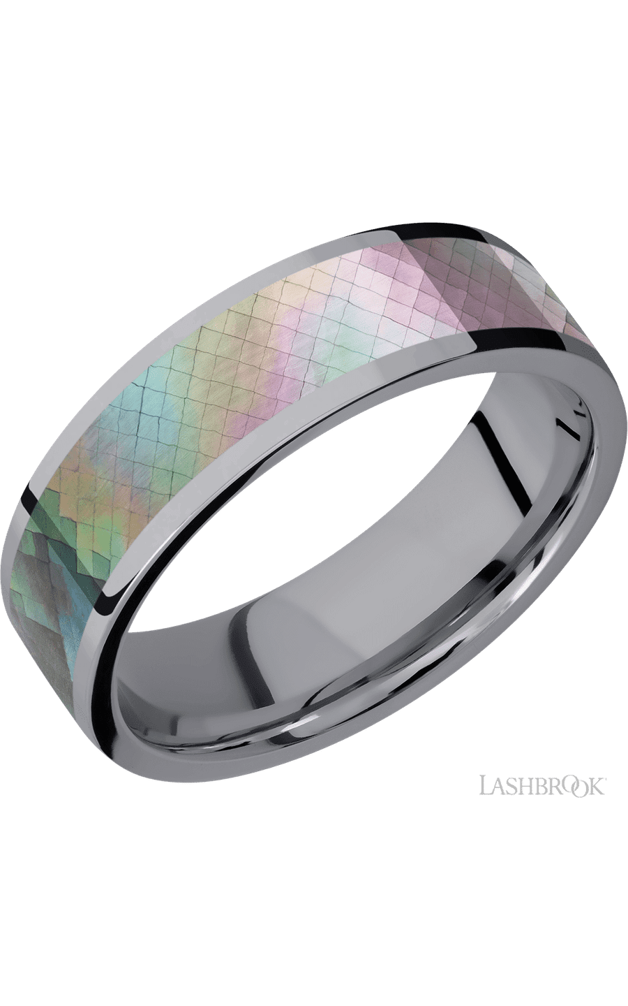 7 mm wide/Flat/Tantalum band with one 5 mm Centered inlay of Black Mother of Pearl.