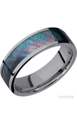 7 mm wide/Flat/Tantalum band with one 5 mm Centered inlay of Black Mother of Pearl.