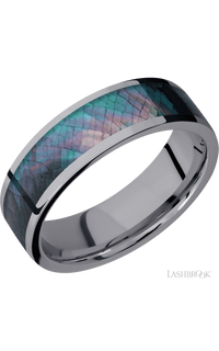 7 mm wide/Flat/Tantalum band with one 5 mm Centered inlay of Black Mother of Pearl.