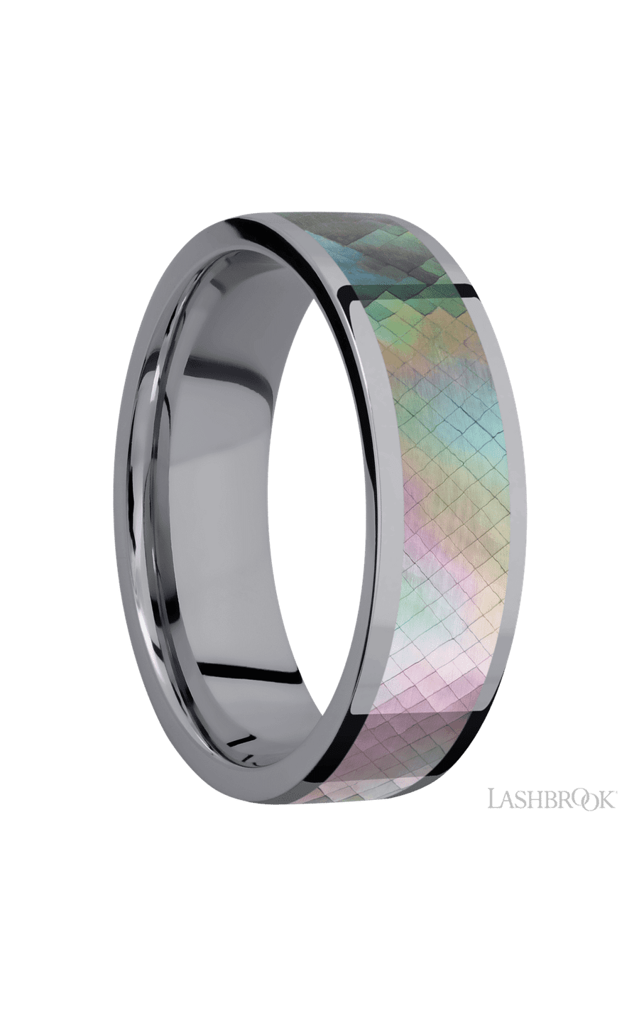 7 mm wide/Flat/Tantalum band with one 5 mm Centered inlay of Black Mother of Pearl.