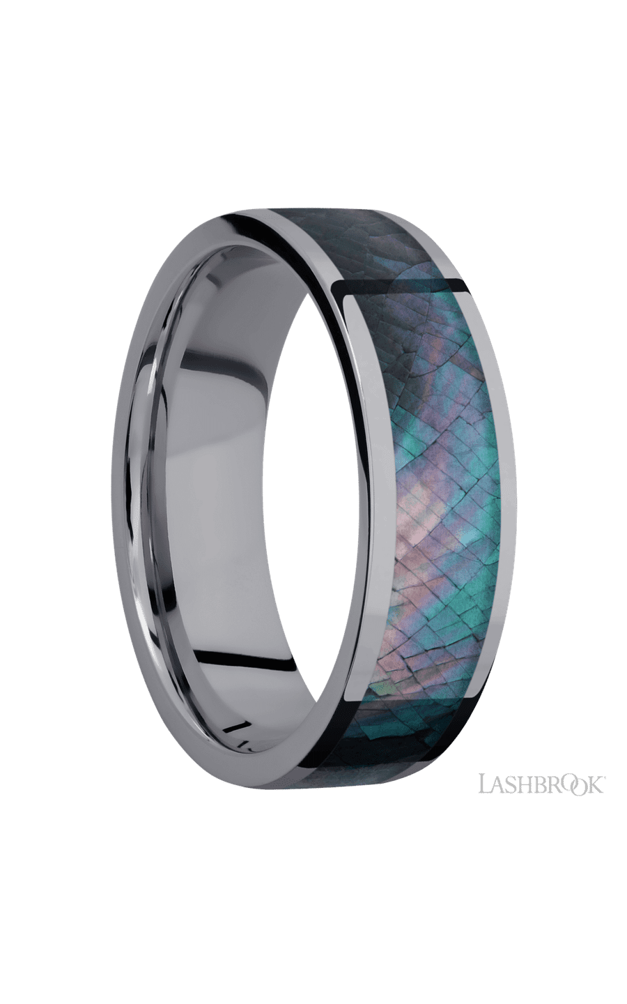 7 mm wide/Flat/Tantalum band with one 5 mm Centered inlay of Black Mother of Pearl.
