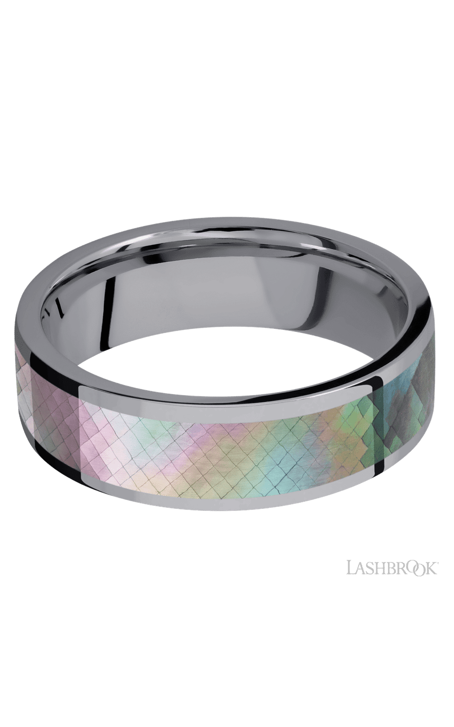 7 mm wide/Flat/Tantalum band with one 5 mm Centered inlay of Black Mother of Pearl.