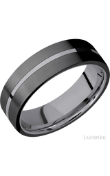 7 mm wide/Flat/Tantalum band with two 3 mm Double Off Center Edge inlays of Zirconium.