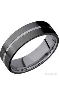 7 mm wide/Flat/Tantalum band with two 3 mm Double Off Center Edge inlays of Zirconium.